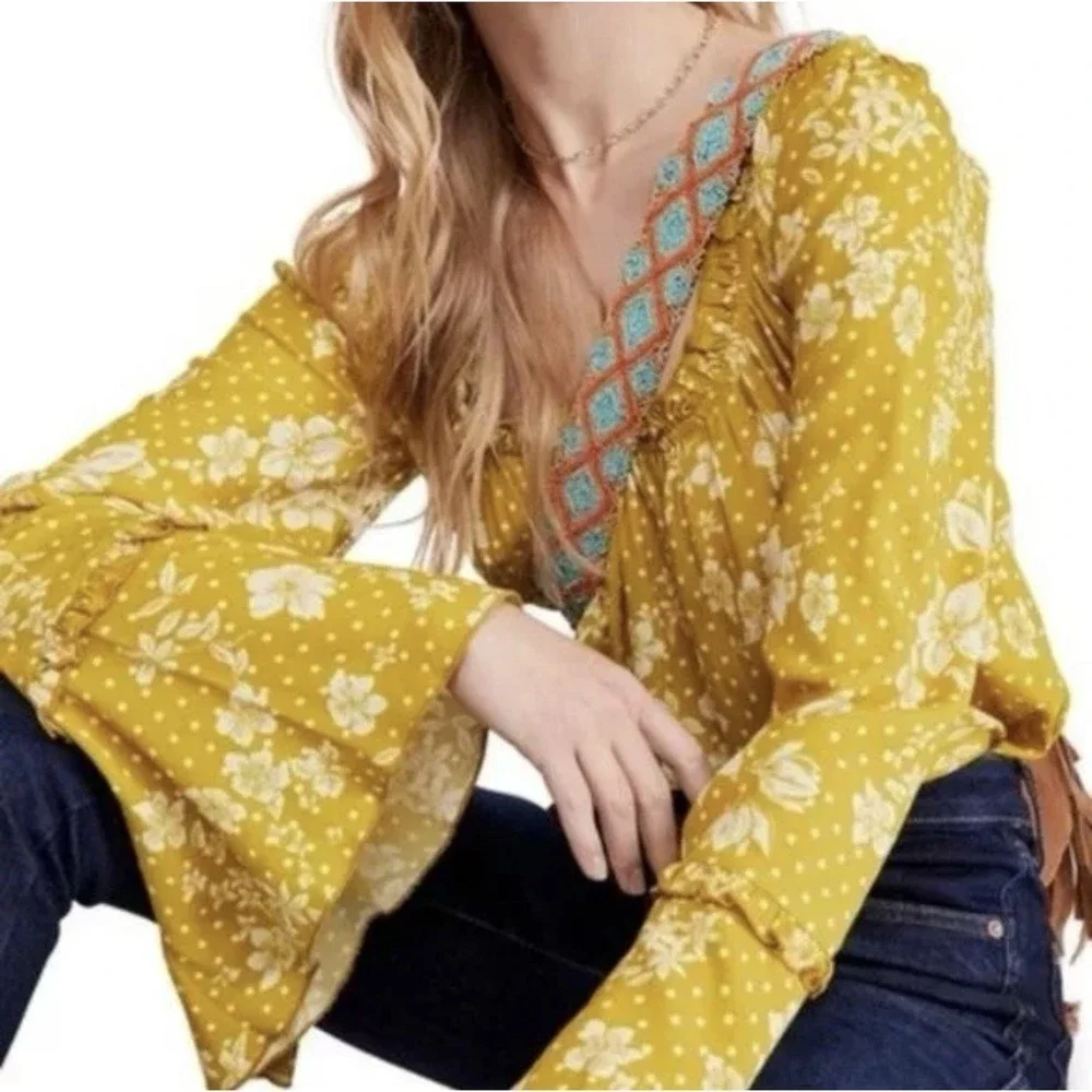 Free People One on One Date Flare Sleeve Bodysuit Women's Size Medium Marigold